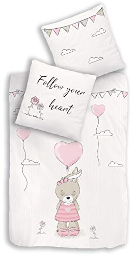 termana HASENMOTIV Bettwäsche Set · Kinder-Bettwäsche für Mädchen · Follow Your Heart · Hase, Wolken & Herz · Kissenbezug 80x80 + Bettbezug 135x200 cm - 100% Baumwolle