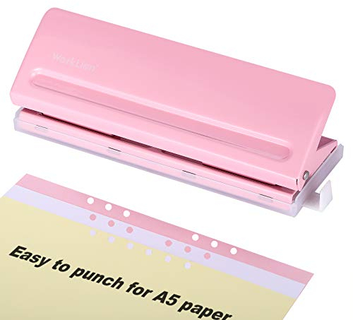 WORKLION Verstellbarer 6-Lochstanzer: Metall-Sechs-Locher für Planer und 6-Ringbücher mit 6 Blatt Kapazität für A4 / A5 / A6 / Personen/Taschenformat (Rosa)