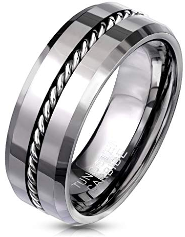 Paula & Fritz® Ring Herren Wolframcarbid glänzend Ketten-Inlay Gr. 67 (21,3) Silber 8-mm Breit Herren-Ring Partnerring Damenring Ehering Verlobungsring