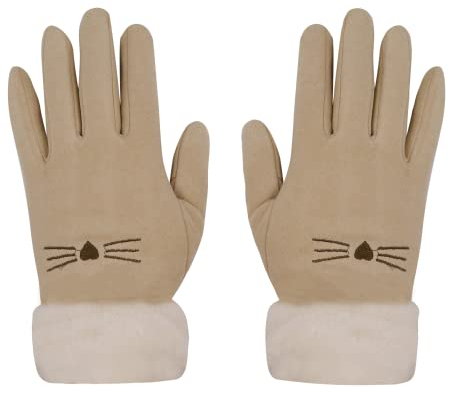 Damen-Handschuhe, weiches Wildleder, kaltes Wetter, niedliches Katzen-Fleece-gefüttert, Winter-Thermo-Fäustlinge mit Kunstfell-Manschette, Khaki, Einheitsgröße