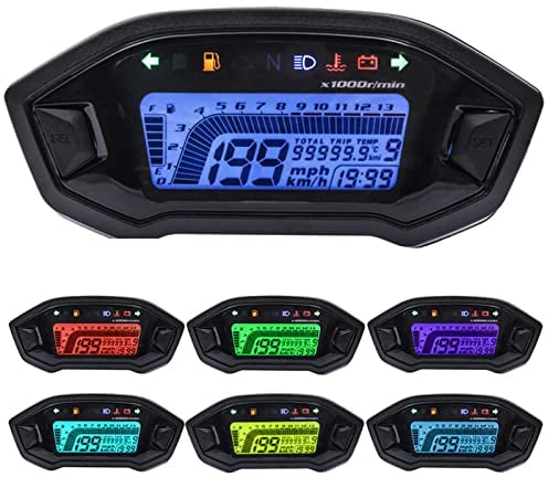Geloo Motorrad Digitaler Tachometer, 13000 U/min Motorrad Messgerät LED Hintergrundbeleuchtung Digital Kilometerzähler für 2-4 Zylinder Universal mit Geschwindigkeitssensor