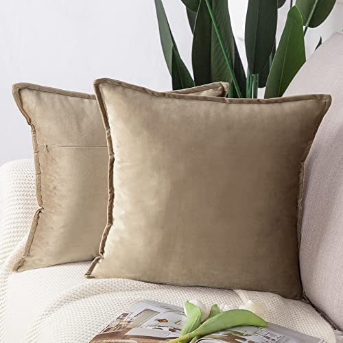 Madizz 2er Set Samt Dekorativ Zierkissenbezüge Luxus Stil Kissenbezug für Sofa für Schlafzimmer Hellbraun 60x60 cm Quadrat