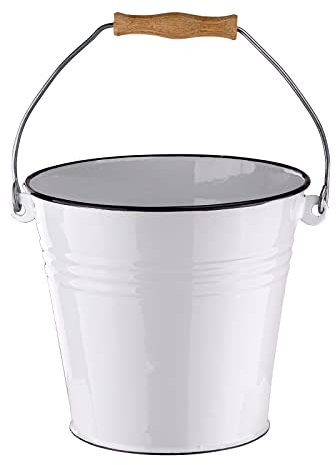 Emaille Wassereimer Blumeneimer Henkeleimer Pflanzeimer Eimer Gartendeko Garten Deko Bauerngarten Landhaus 5 L emailliert weiß mit Holz Henkel