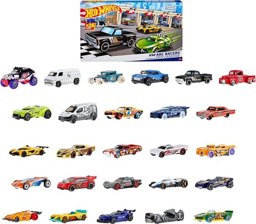 Hot Wheels ABC Racers, 26 autos en escala 1:64 con letras del alfabeto, aprende a deletrear y leer con coches de juguete, HKL76