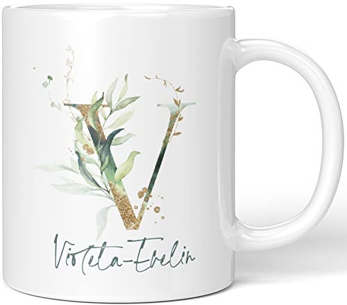 JUNIWORDS Tasse, Violeta-Evelin, Name Anfangsbuchstabe Initial Alphabet Floral Buchstabe V Monogramm Motiv, Weiß (5487392)