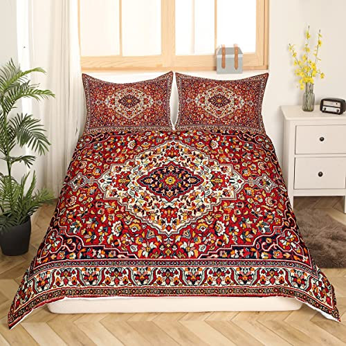 Orientalische Bettwäsche 200x200 Jahrgang Persische Blumen Bettwäsche Set für Mädchen Frauen,Boho Tribal Bett Set Traditionelle Ästhetische Bettbezug,Hippie Paisley Mandala Schlafzimmer Dekor Rot