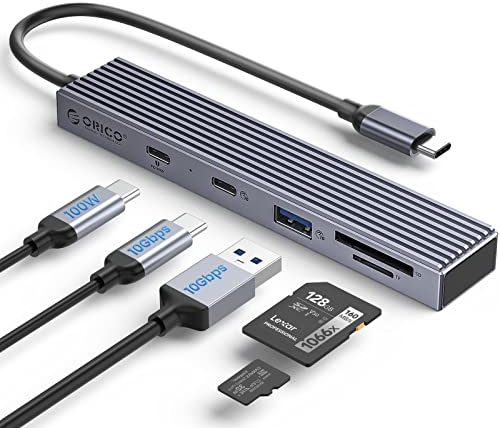 ORICO Hub USB 3.2, Adaptador multipuerto Tipo C 4 en 1, Divisor USB USB 3.2 Gen2 de 10 Gbps con USB C, USB A, Lector de Tarjetas SD/TF, Carga PD de 100 W para PC, Laptop, Surface Pro, MacBook
