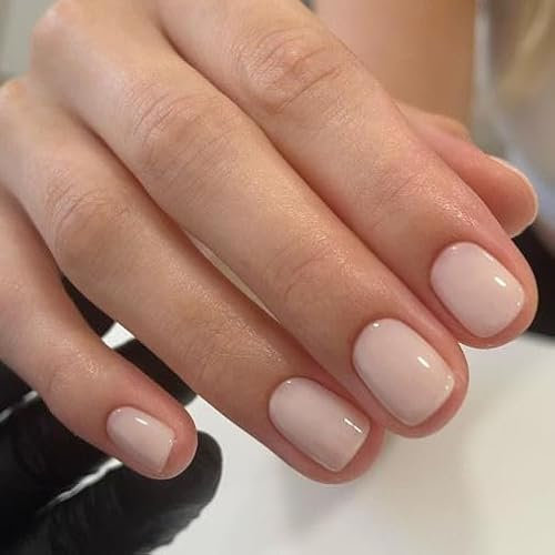 Faux Ongles Court Mouyou,Carré Arrondi Nude Naturel Press on Nails avec Colle à Ongles,Couleur Unie Couleur de peau Acryl Fake Nails