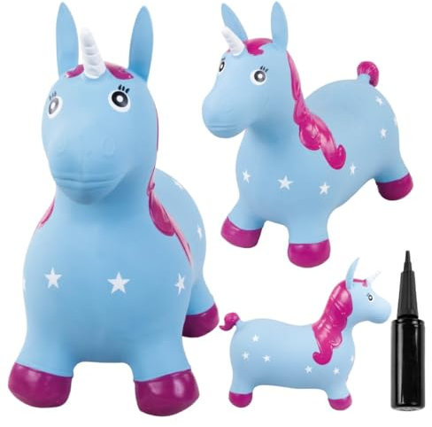 sun baby Hüpftiere ab 1 Jahr mit Pumpe aufblasbares Hüpfspielzeug aus Hochwertigem und Strapazierfähigem Gummi, Verschiedene Designs (Blaues Einhorn)