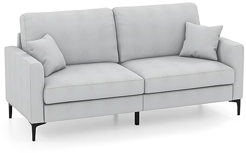 COSTWAY 3 Seater Sofa, 191cm Modern Upholstered Corner Sofa Couch with 2 Pillows and 6 Metal Legs, Fabric Double Lounge Loveseat Sofa Settee for Living Room Bedroom Office, Grey