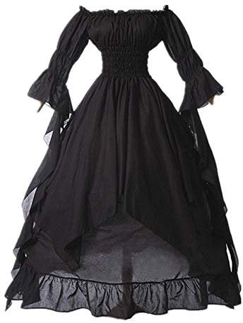 AnnSemo Renaissance Costume for Women Halloween Steampunk Gothic Maxi Dress Ruffle Layered Victorian Dress Chemise Medieval Pirate Peasant Irish Long Dresses for Lady Black