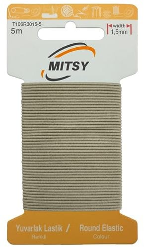 MITSY Reißfeste Rund Gummiband Gummikordel Gummibänder zum Nähen Breit 1.5 mm 5 m Beige Stark Rundgummi Gummilitze für Hosengummi Haushalt DIY Handwerk Stoffe zum Nahen