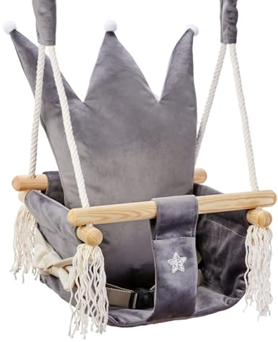 Love Gifts® Babyschaukel aus Holz hochwertig und geeignet als Indoor Schaukel, montierbar an der Decke sowie im Türrahmen, Krone-Grau, Made in EU