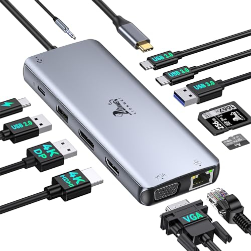 LIONWEI Station d'accueil USB C pour 3 moniteurs, Station d'accueil 12 en 1 USB C vers 4K DisplayPort, 4 K, HDMI, VGA, 5 Gbps USB C/A Data, RJ45, PD 3.0, Audio 3,5 mm, Micro SD & Micro SD, hub USB C,