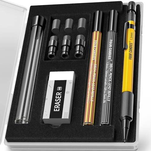 Four Candies Druckbleistift Set mit Etui, 1,3 mm, Metall, strapazierfähig, für den Außenbereich, Tischlerbleistift mit 24 Nachfüllminen (Rot, Schwarz, Gelb), Radiergummi, 6 Radiergummi-Nachfüllungen