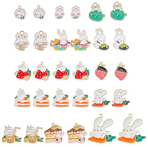 SUPERFINDINGS 32 Stück 16 Stile Osterhasen Anhänger Charms Niedliche Bunte Emaille Charms Cartoon Kaninchen Katzen Kuchen Anhänger Große Hasen Charms Für Armbänder Halsketten