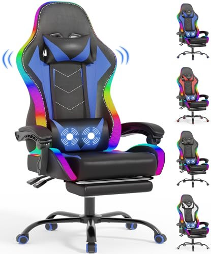 Devoko Silla Gaming con Masajeador y LED, Silla de Oficina Ergonómica con Reposapiés, Sillas Gaming para Oficina y Juegos con Iluminación RGB(Azul)