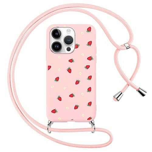 Foonary Handyband Hülle mit Band für iPhone 11 Pro Max 6,5 Handyhülle, Aesthetic Blumen Design Kette Necklace Case mit Kordel zum Umhängen Silikon Schutzhülle Cover für iPhone 11 Pro Max, Erdbeere
