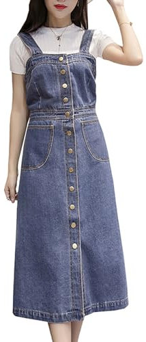 Yishengwan Vestito Salopette di Jeans Donna Botton Gonna in Denim Mid Lunga Jeans Overall Salopette con Tasche Blu XL