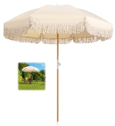ELZEM Sonnenschirm mit Fransen im Boho-Stil, 180 cm, Strandschirme für Sand, LSF 50+, Outdoor-Fransenschirm mit neigbarer Holzstange, Marktschirm, wasserdicht, Tischschirm für draußen, Garten, Rasen,