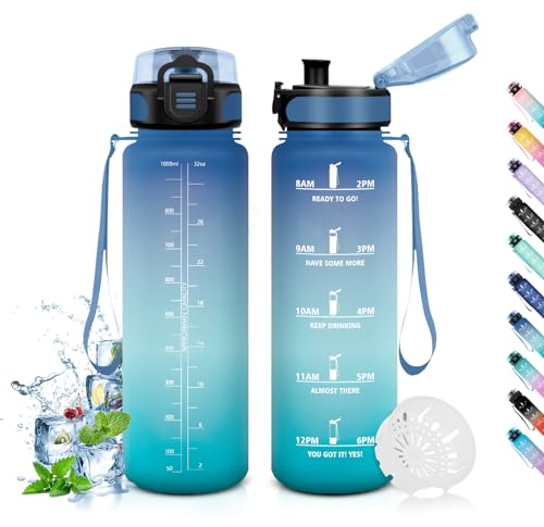 Honeyholly Gourde Sport, 1000ml Étanche & Réutilisable, Bouteille, Motivation avec Filtre Gourde, Bouteille d'eau, Gourdes pour Gym, Adulte, École, Bureau, Yoga, Camping