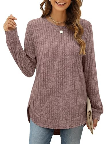 XIEERDUO Pullover Damen Strickpullover Sweatshirt Langarmshirt Herbst Winter Tunika Tshirt Elegant Oberteile Top Rosenbraun L