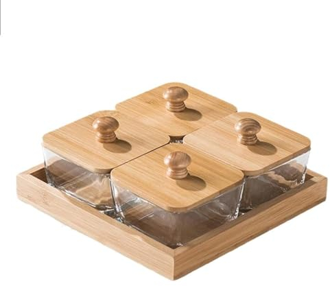 Vassoio per frutta con coperchio diviso in legno, vassoio quadrato per snack per feste, scatola portaoggetti per caramelle, vassoio da portata diviso in bambù con coperchio, organizer per snack e