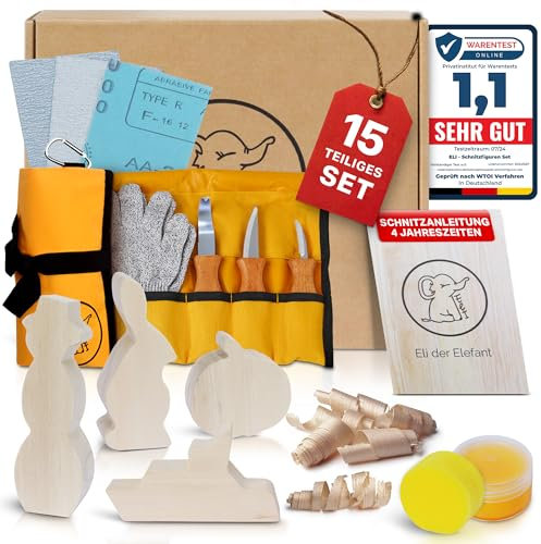 Eli® Schnitzmesser Kinder Set ab 6 Jahre - hochwertiges Kindermesser Schnitzset inkl. schnittfeste Handschuhe - Kinderschnitzmesser - Schnitzwerkzeug - Outdoor Messer (Großes Set mit Schnitzholz)