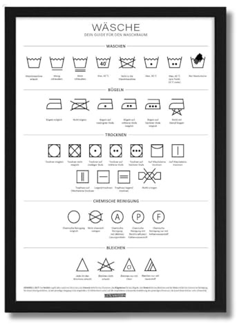 Listenwissen Kunstdruck Waschguide I DIN A3 I Waschküche I Waschsymbole I deutsch I Laundry Schild I Deko I Dekoration I Wäschepflege I Waschmaschine I Waschzeichen (Poster inkl. Rahmen schwarz)