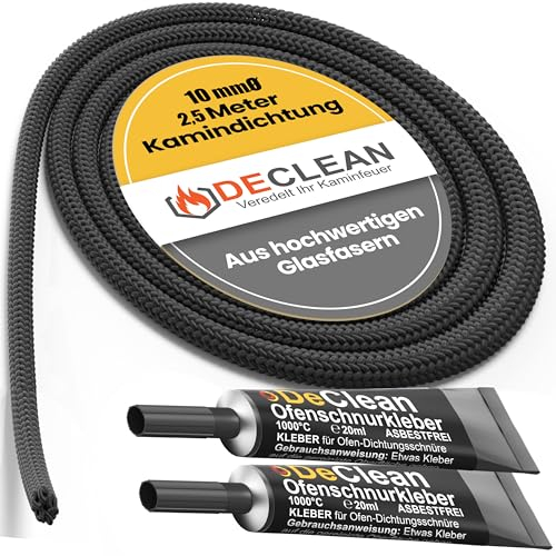DeClean 3 m Dichtschnur Ø 10 mm Dichtung Glasfaserschnur Türdichtung Ofen inkl.Kleber, feuerfeste Kamindichtung, Dichtschnur für Kamin und Ofen, Fireplace Gasket