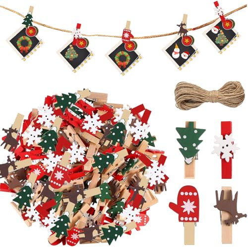 Weihnachten Mini Holz Clip, 100 Stück Kleine Clips mit 10 Meter Hanf Schnur