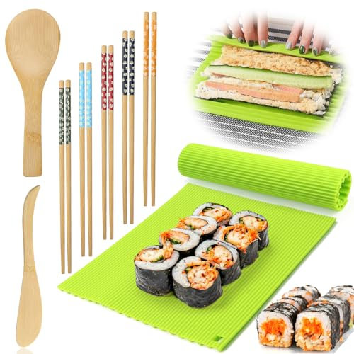 BHHTBB Sushi Matte Silikon Sushi Set zum Selber Machen, Sushi-,Maker Set Silikon Sushimatte und Stäbchen für Anfänger 22 x 20 cm, 5 Paar Essstäbchen, Reislöffel