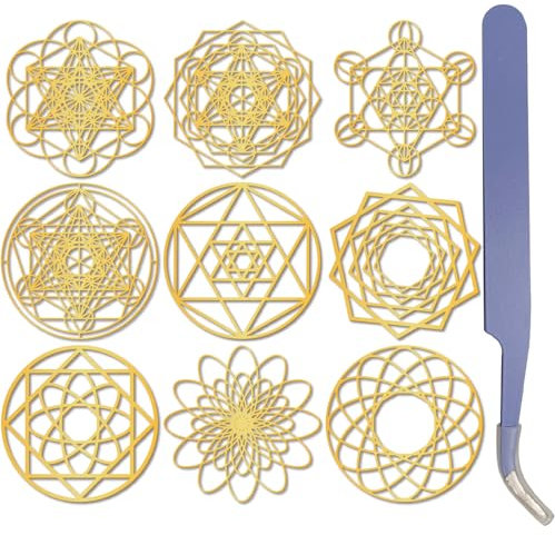 craspire 9 Stück Goldene Aufkleber Mit Heiliger Geometrie Goldene Magische Aufkleber Mit Pinzette Orgonit Metall Scrapbook Selbstklebend Nickelfrei Wasserfest Dekorationsaufkleber Für DIY Scrapbooks