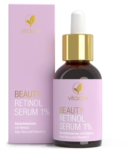 Vitactiv BEAUTY RETINOL SERUM 1% hochdosiert - 30ml Anti Aging Gesichtsserum - Hautbilderneuerndes Retinol, Hautpflege unreine Haut & Akne - Hyaluron, Aloe vera, Vitamin E, Zaubernuss, Jojoba u.v.m.