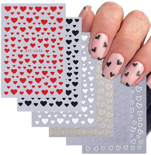Heart Nail Stickers, 6 Sheets 3D Valentines Day Love Hearts Nail Art Stickers Self Adhesive Heart Nail Decals White Red Black Gold Silver Nail Art Decorations Accessories for Women Girls