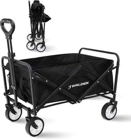 Walden Sports Folding Festive Trolley - Foldable Camping Cart with All-Terrain Wheels & Adjustable Handle - Collapsible Wagon for Outdoor, Beach, Garden & Shopping - Loads up to 90kg - Medium Black