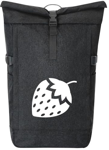 Huuraa Kurierrucksack Erdbeere Strawberry Geschenk | 30-44 Liter Backpack Black Melange Fairtrade Rolltop Rucksack Geschenkidee Schwarzer Laptop-Rucksack passend für 17-Zoll