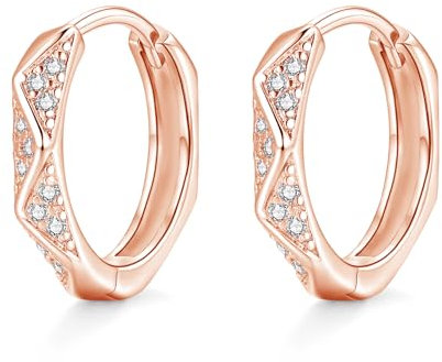 Zolkamery Hoop Earrings for Women, 925 Sterling Silver Geometry Hoops Earrings with Zirconia, Rose Gold Neutral Huggie Hoops, Small Hypoallergenic Cartilage Sleeper Earring, Gifts for Grils Ladies
