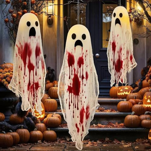 3 Stück Halloween Deko Geist, 50cm Halloween Deko Outdoor Mit Warmweißen LED, Hängende Geister, Geistergesicht Windsack für Hof, Garten, Terrasse, Rasen, Partydekor