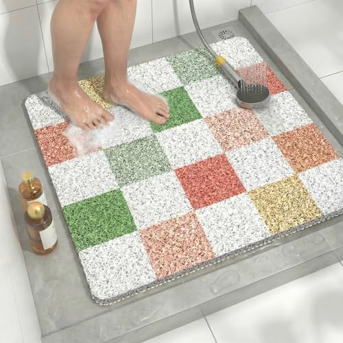 Tappetino Doccia Antiscivolo Quadrato 60x60 cm con Drenaggio, Tappeto Bagno Antiscivolo Morbido, Tappetino da Bagno Antimuffa ad Asciugatura Rapida per Famiglie a Quadri Multicolori