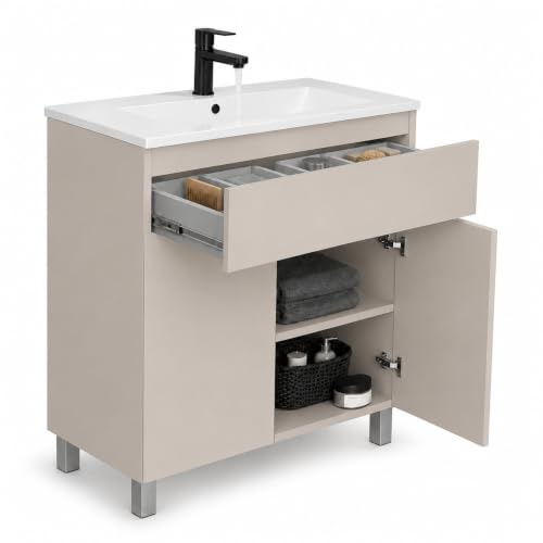 paplinskimoebel Badezimmerschrank Badschrank 80 cm Kaschmir Beige matt | Soft Close, Vollauszug, R/L montierbar, Hängend oder Stehend, Badmöbel für das Badezimmer Badschrank Waschbeckenunterschrank