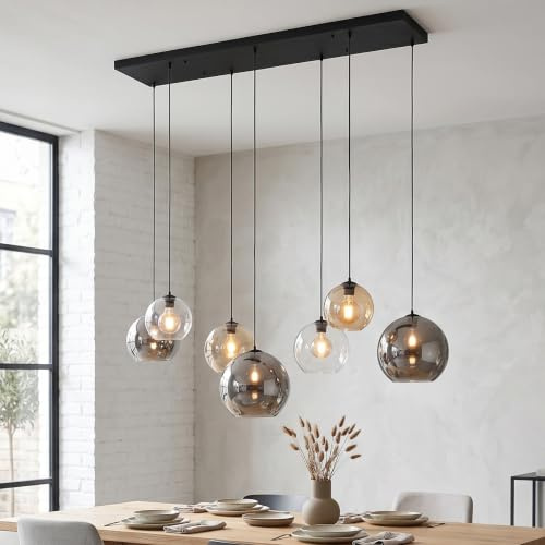 Liadomo Pendelleuchte Abel, 7-flammig, für XXL-Esstische, 145 cm, Glasschirme in Chrom/Bernstein/Hellgrau, bis 150 cm höhenverstellbar, exkl. 7 x E27-Leuchtmittel