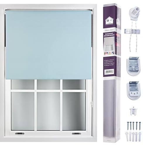 FURNISHED Roller Blinds Blackout Custom Size, Duck Blue, 150W x 165L cm | Made to measure 100% black out thermal fabric easy fit fittings custom blackout blind