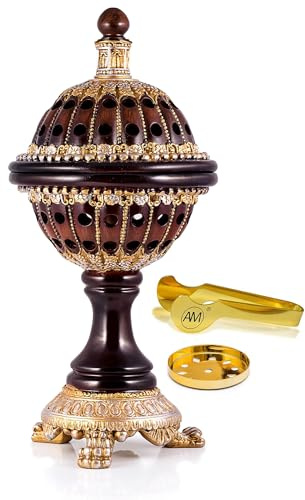 AM Luxury Bakhoor Burner - Oud, Frankincense & Resin Charcoal Incense Burner with Lid & Tongs | Hand-finished with ornate details | Heat-Resistant Design for Home, Meditation | Décor Gift Set (Brown)