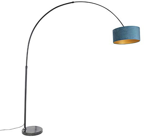 Qazqa - Modern Bogenleuchte I Bogenlampe I Lampe I Leuchte schwarzer Samt-Schirm blau mit Gold I Messing 50 cm - XXL I Wohnzimmer I Schlafzimmer - Stahl Länglich I Zylinder I Rund - LED geeignet E27
