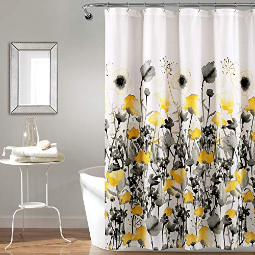Lush Decor, Zuri Flora Duschvorhang, Stoff, Aquarell-Blumenmuster, 183 x 183 cm, Gelb und Grau