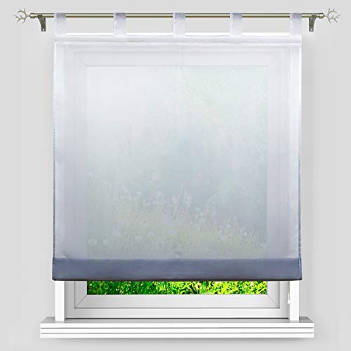 Heichkell Farbverlauf Raffrollo mit Schlaufen Voile Transparente Raffgardine Bändchenrollo in Küche Schlafzimmer Romantischer Stil Grau B×H 80×140 cm