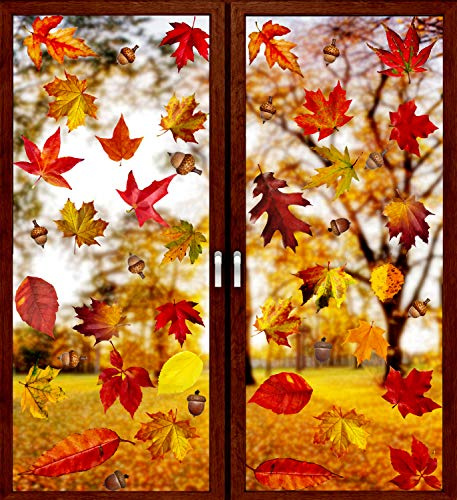 VEYLIN 6 Sheets 200Pcs Thanksgiving Window Clings, Autumn Maple Leaves Windows Static Stickers for Thanksgiving Day Window Decoration