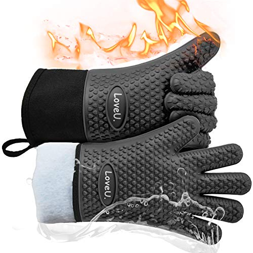 Loveuing - Gants de Cuisine en Silicone et Coton, Double Couche, résistant à la Chaleur, idéal pour la Cuisson et Les grillades, 1 Paire (Taille Unique, Noir