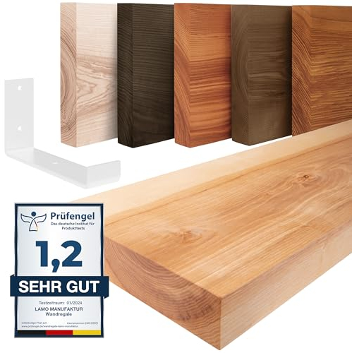 LAMO Manufaktur Wandregal Holz Gerade | Regal Farbe: Natur | mit weißem Industrial Regalträger | 80 cm